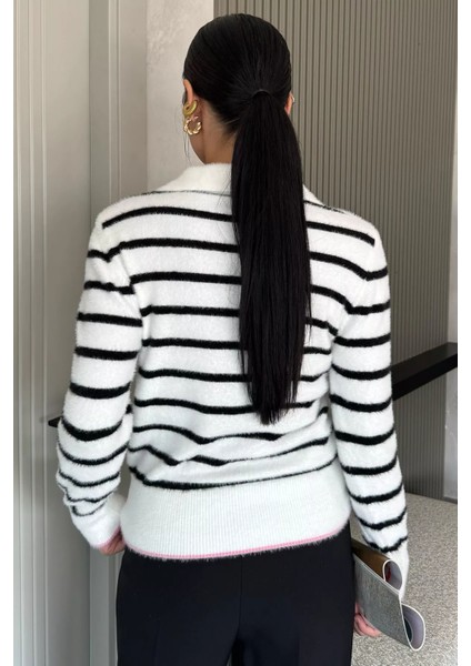 Kadın Polo Yaka Çizgi Desenli Sakallı Triko Kazak (S-M-L-Xl Beden Uyumludur.) P-00018051 fırsatları