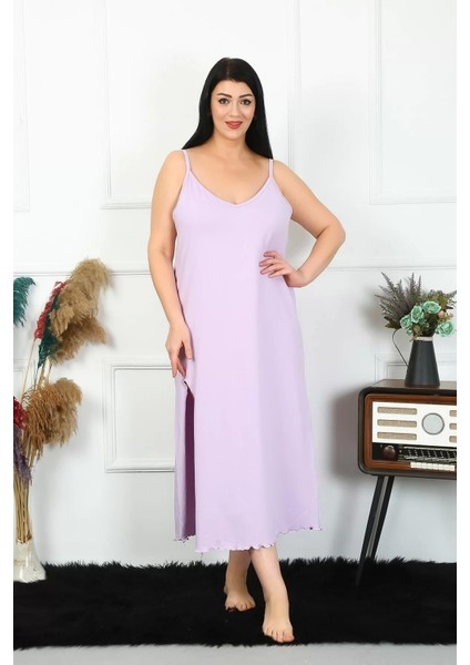 Moda Kadın Büyük Beden Ip Askılı Pamuklu Lila Uzun Gecelik