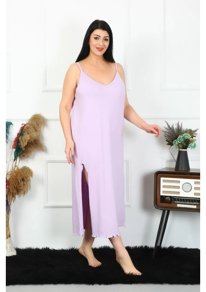 Moda Kadın Büyük Beden Ip Askılı Pamuklu Lila Uzun Gecelik fiyatları