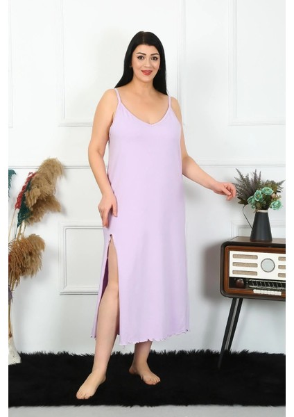 Moda Kadın Büyük Beden Ip Askılı Pamuklu Lila Uzun Gecelik fırsatları