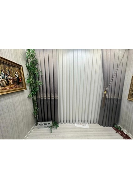 Nivemeshome Meva Altın Çizgili 1/3 Sık Pileli Tül Perde Apm