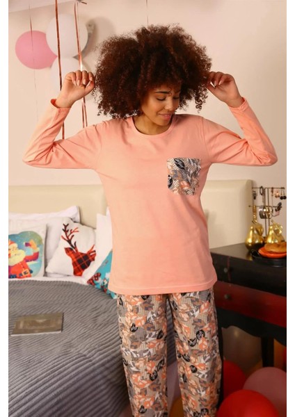 Moda Kadın Uzun Kol Penye Pijama Takım Yavruağzı