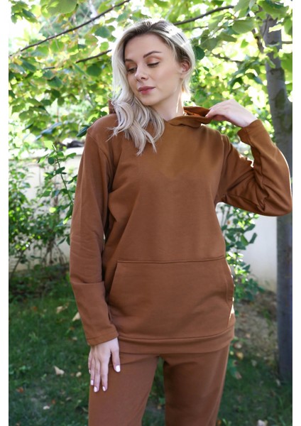 Moda Kadın Pamuk Kapşonlu Cepli 3 Iplik Kahve Eşofman Takım modelleri