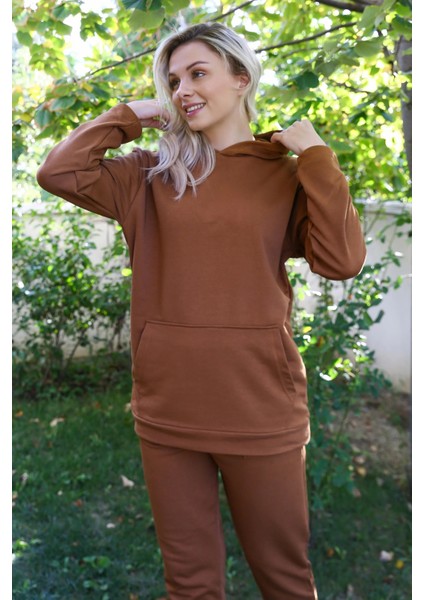 Moda Kadın Pamuk Kapşonlu Cepli 3 Iplik Kahve Eşofman Takım