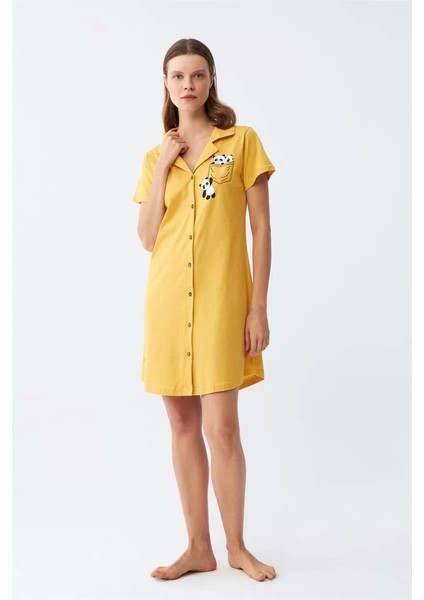 Moda Kadın Pamuk Penye Kısa Kol Düğmeli Sarı Tunik Gecelik