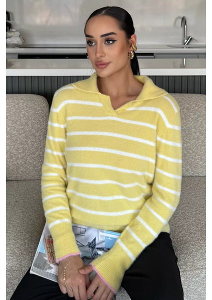 Kadın Polo Yaka Çizgi Desenli Sakallı Triko Kazak (S-M-L-Xl Beden Uyumludur.) P-00018051