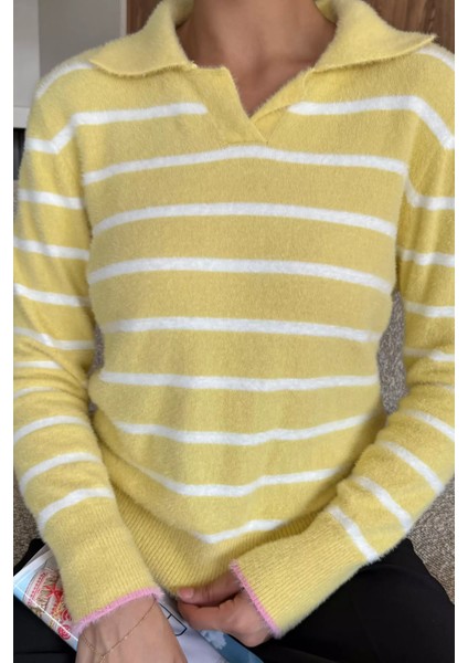 Kadın Polo Yaka Çizgi Desenli Sakallı Triko Kazak (S-M-L-Xl Beden Uyumludur.) P-00018051 fiyatları