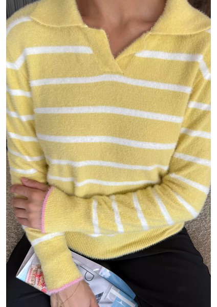 Kadın Polo Yaka Çizgi Desenli Sakallı Triko Kazak (S-M-L-Xl Beden Uyumludur.) P-00018051 fırsatları