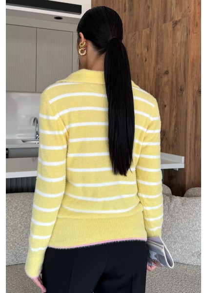 Kadın Polo Yaka Çizgi Desenli Sakallı Triko Kazak (S-M-L-Xl Beden Uyumludur.) P-00018051 indirimleri