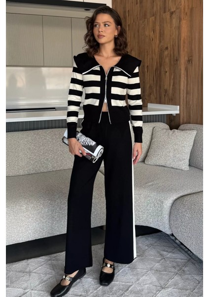 Kadın Şerit Desenli Triko Hırka Pantolon Ikili Takım (S-M-L Beden Uyumludur.) P-00018048