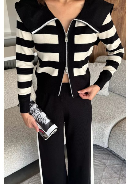 Kadın Şerit Desenli Triko Hırka Pantolon Ikili Takım (S-M-L Beden Uyumludur.) P-00018048 fiyatları