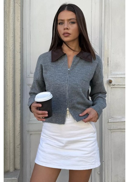 Kadın Polo Yaka Deri Garnili Fermuarlı Triko Hırka (S-M-L Beden Uyumludur.) P-00018055