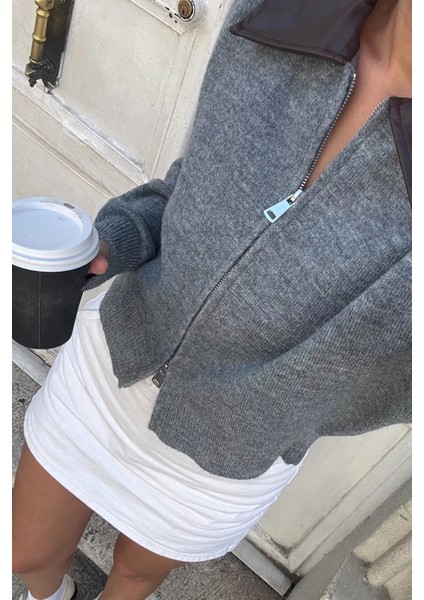 Kadın Polo Yaka Deri Garnili Fermuarlı Triko Hırka (S-M-L Beden Uyumludur.) P-00018055 fiyatları