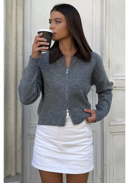 Kadın Polo Yaka Deri Garnili Fermuarlı Triko Hırka (S-M-L Beden Uyumludur.) P-00018055 modelleri