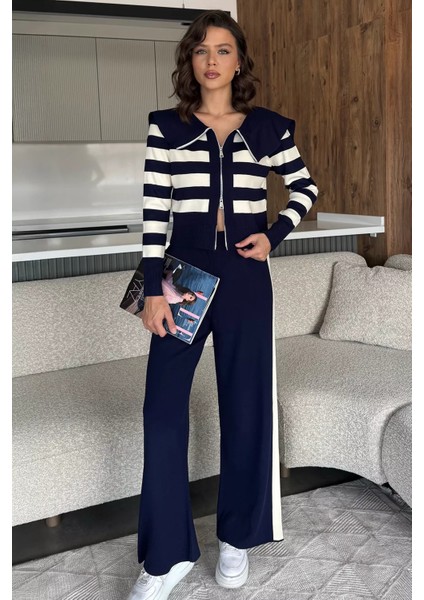 Kadın Şerit Desenli Triko Hırka Pantolon Ikili Takım (S-M-L Beden Uyumludur.) P-00018048