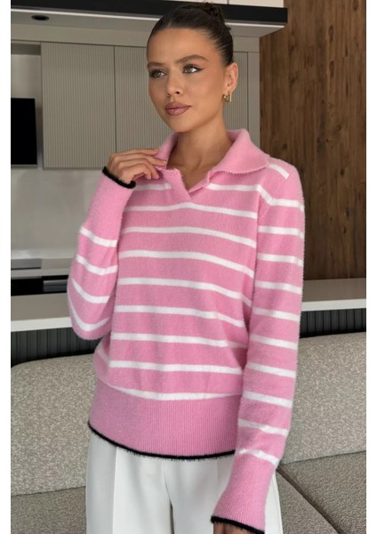Kadın Polo Yaka Çizgi Desenli Sakallı Triko Kazak (S-M-L-Xl Beden Uyumludur.) P-00018051
