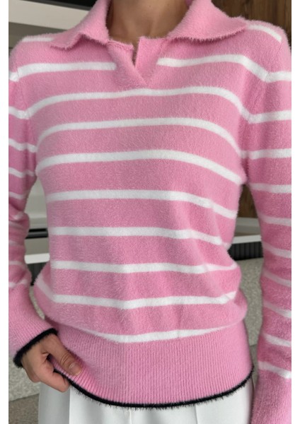 Kadın Polo Yaka Çizgi Desenli Sakallı Triko Kazak (S-M-L-Xl Beden Uyumludur.) P-00018051 modelleri