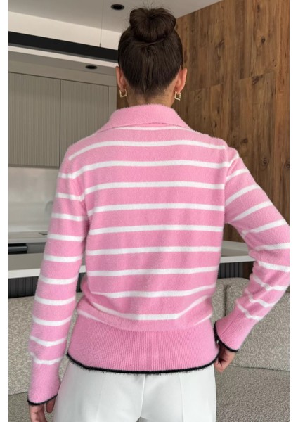 Kadın Polo Yaka Çizgi Desenli Sakallı Triko Kazak (S-M-L-Xl Beden Uyumludur.) P-00018051 fırsatları