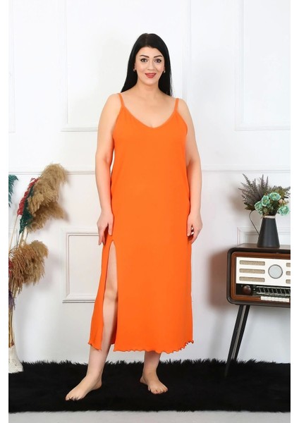 Moda Kadın Büyük Beden Ip Askılı Pamuklu Turuncu Uzun Gecelik fiyatları