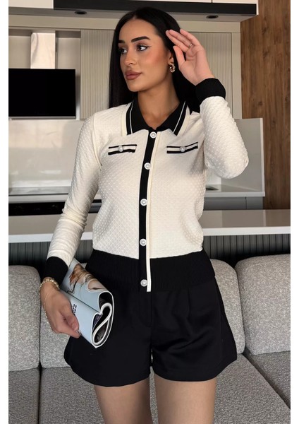 Kadın Polo Yaka Incili Düğme Detaylı Triko Hırka (S-M-L Beden Uyumludur.) P-00018053 fiyatları