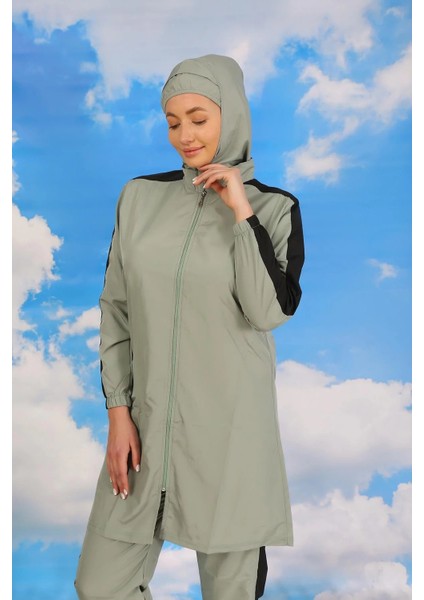 Moda Kadın Pantolonlu Kolu Şeritli Tam Tesettür Mayo Su Yeşili fiyatları