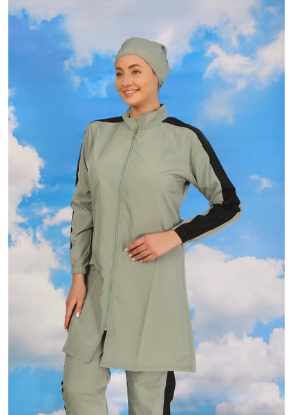 Moda Kadın Pantolonlu Kolu Şeritli Tam Tesettür Mayo Su Yeşili modelleri