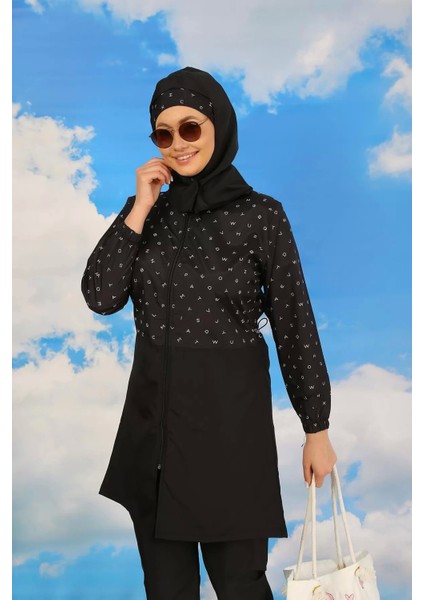 Moda Kadın Pantolonlu Desenli Tam Tesettür Mayo Siyah fiyatları