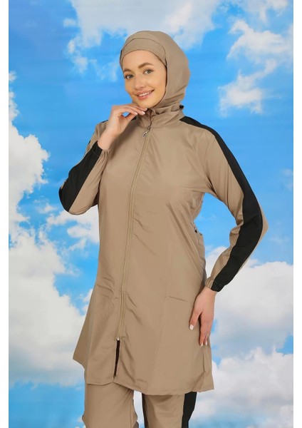 Moda Kadın Pantolonlu Kolu Şeritli Tam Tesettür Mayo Bej fiyatları