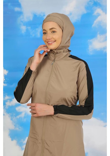 Moda Kadın Pantolonlu Kolu Şeritli Tam Tesettür Mayo Bej fırsatları