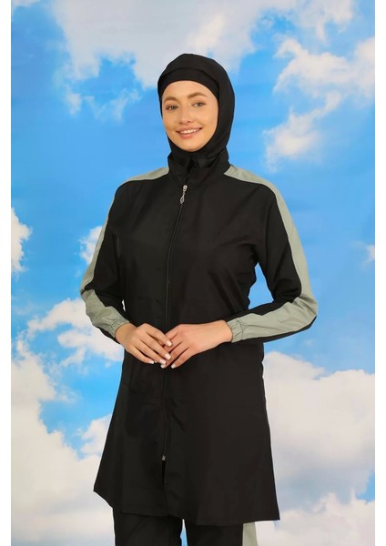 Moda Kadın Pantolonlu Kolu Şeritli Tam Tesettür Mayo Siyah fiyatları