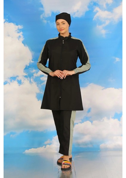 Moda Kadın Pantolonlu Kolu Şeritli Tam Tesettür Mayo Siyah fırsatları