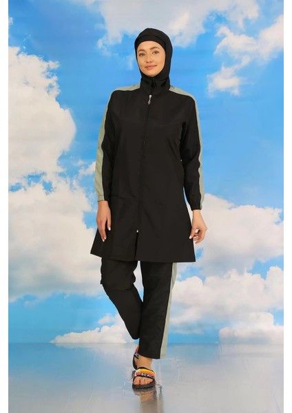 Moda Kadın Pantolonlu Kolu Şeritli Tam Tesettür Mayo Siyah