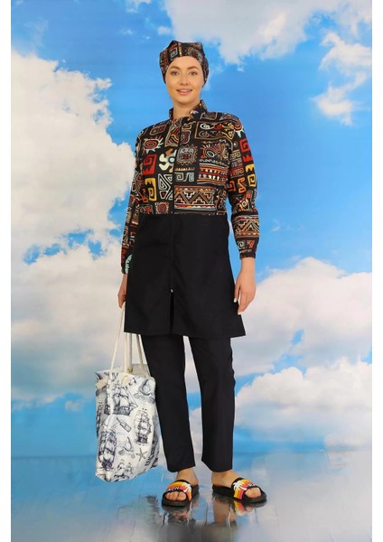 Moda Kadın Pantolonlu Desenli Tam Tesettür Mayo Lacivert