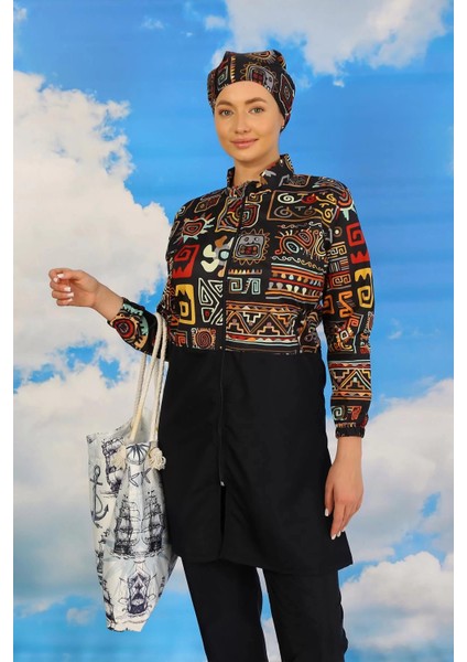 Moda Kadın Pantolonlu Desenli Tam Tesettür Mayo Lacivert