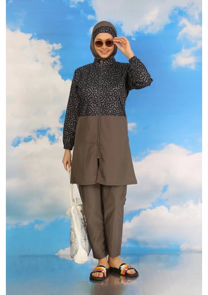 Moda Kadın Pantolonlu Desenli Tam Tesettür Mayo Füme