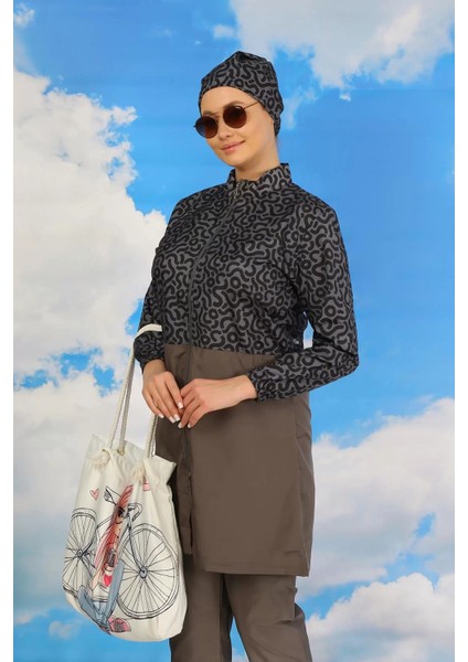 Moda Kadın Pantolonlu Desenli Tam Tesettür Mayo Füme modelleri