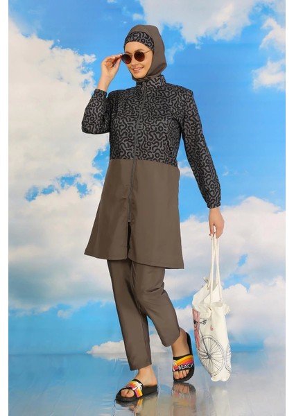 Moda Kadın Pantolonlu Desenli Tam Tesettür Mayo Füme