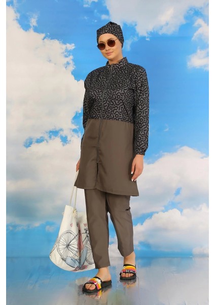 Moda Kadın Pantolonlu Desenli Tam Tesettür Mayo Füme