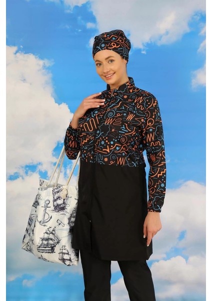 Moda Kadın Pantolonlu Desenli Tam Tesettür Mayo Siyah modelleri