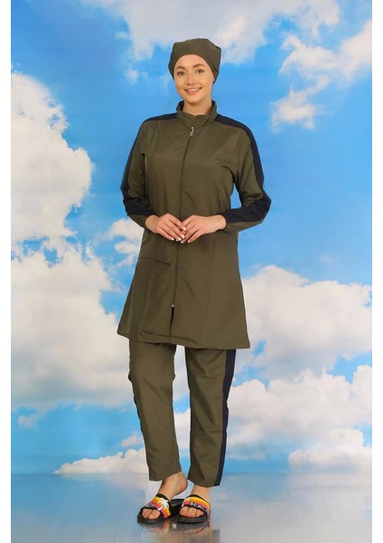 Moda Kadın Pantolonlu Kolu Şeritli Tam Tesettür Mayo Haki