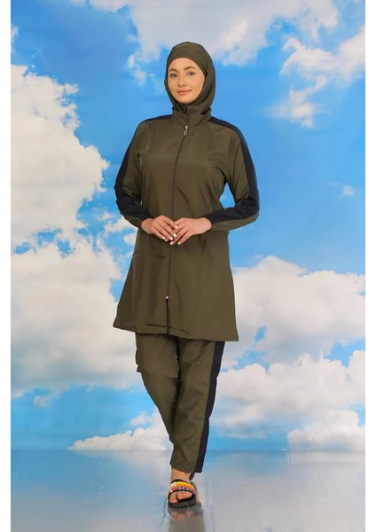 Moda Kadın Pantolonlu Kolu Şeritli Tam Tesettür Mayo Haki fiyatları