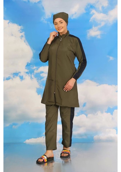 Moda Kadın Pantolonlu Kolu Şeritli Tam Tesettür Mayo Haki fırsatları