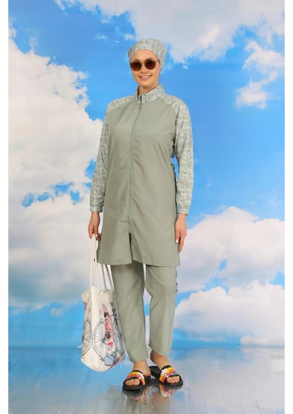 Moda Kadın Pantolonlu Desenli Tam Tesettür Mayo Su Yeşili