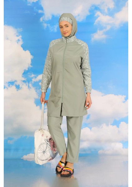 Moda Kadın Pantolonlu Desenli Tam Tesettür Mayo Su Yeşili modelleri