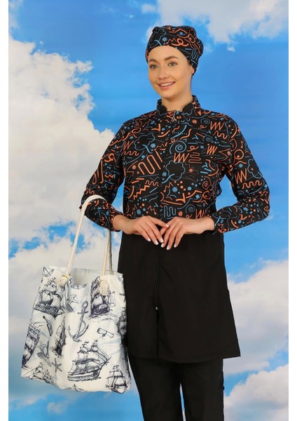 Moda Kadın Pantolonlu Desenli Tam Tesettür Mayo Siyah