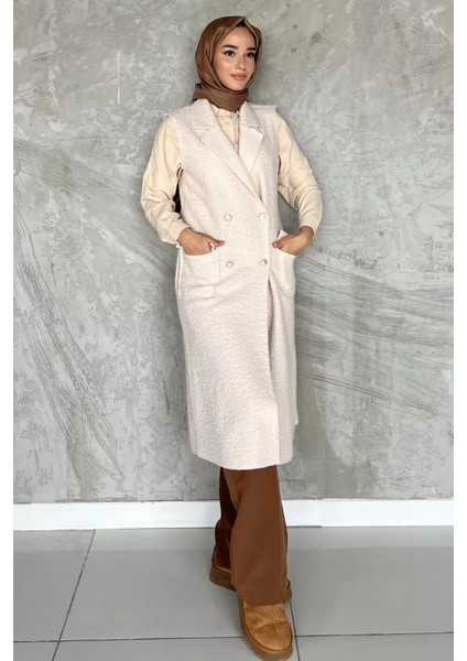 Gold Düğme Detaylı Çift Cepli Tesettür Buklet Yelek P-00018413