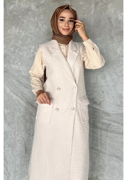 Gold Düğme Detaylı Çift Cepli Tesettür Buklet Yelek P-00018413 modelleri