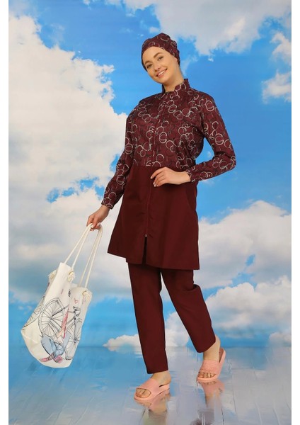 Moda Kadın Pantolonlu Desenli Tam Tesettür Mayo Bordo modelleri