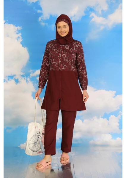 Moda Kadın Pantolonlu Desenli Tam Tesettür Mayo Bordo indirimleri