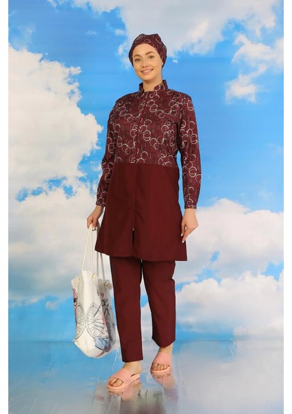 Moda Kadın Pantolonlu Desenli Tam Tesettür Mayo Bordo
